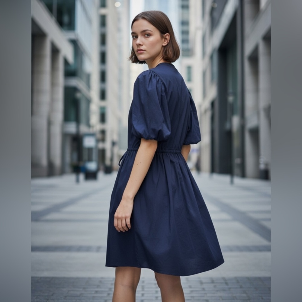 GAP Navy Puff-Sleeve Gathered-Waist Midi Dress